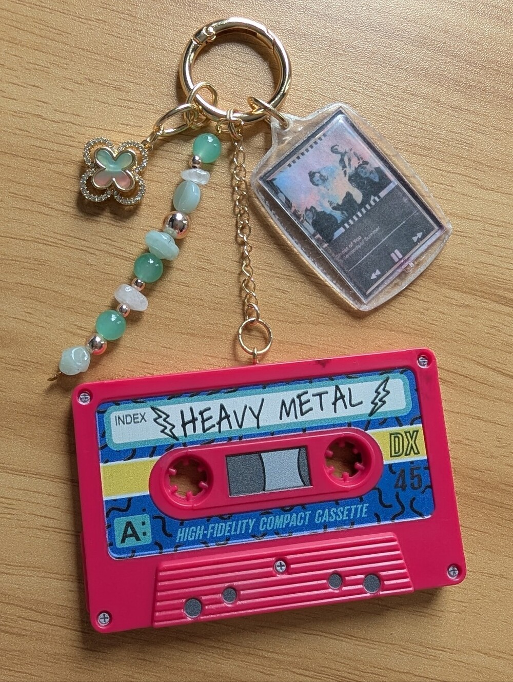 Pink Cassette Music Bag Charm Keychain with Beaded Accents